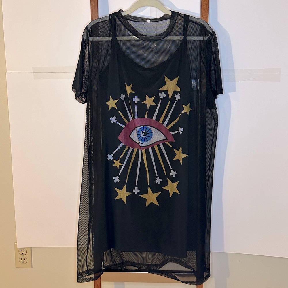 Two-Piece Shift Dress with Eye Design and Outside Mesh